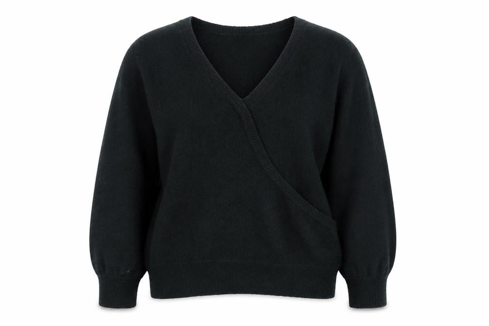 Front view of Miss Selfridge women’s green v-neck acrylic jumper, size UK 6