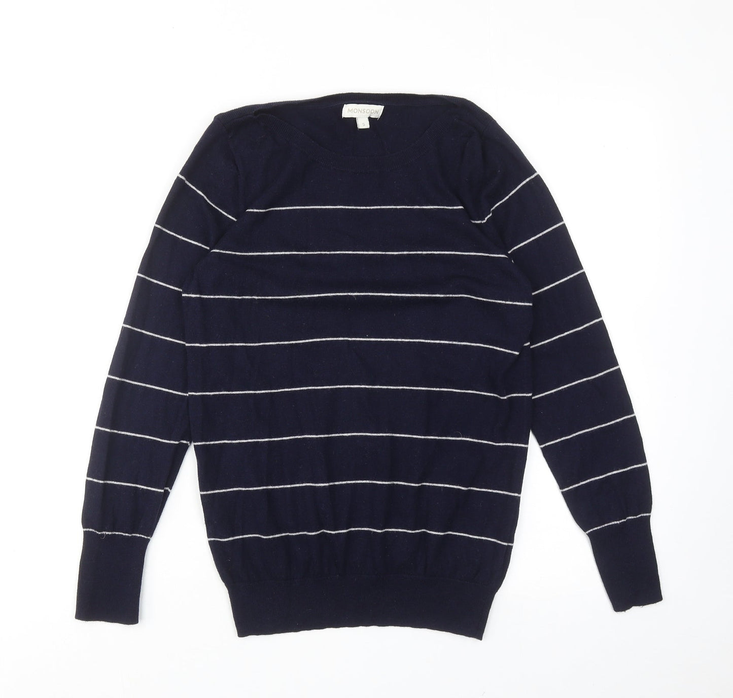 Monsoon Womens Blue Round Neck Striped Cotton Pullover Jumper Size S
