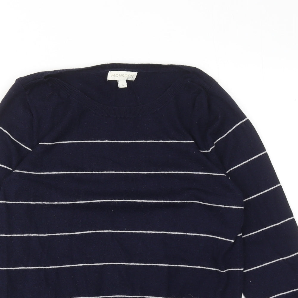 Monsoon Womens Blue Round Neck Striped Cotton Pullover Jumper Size S