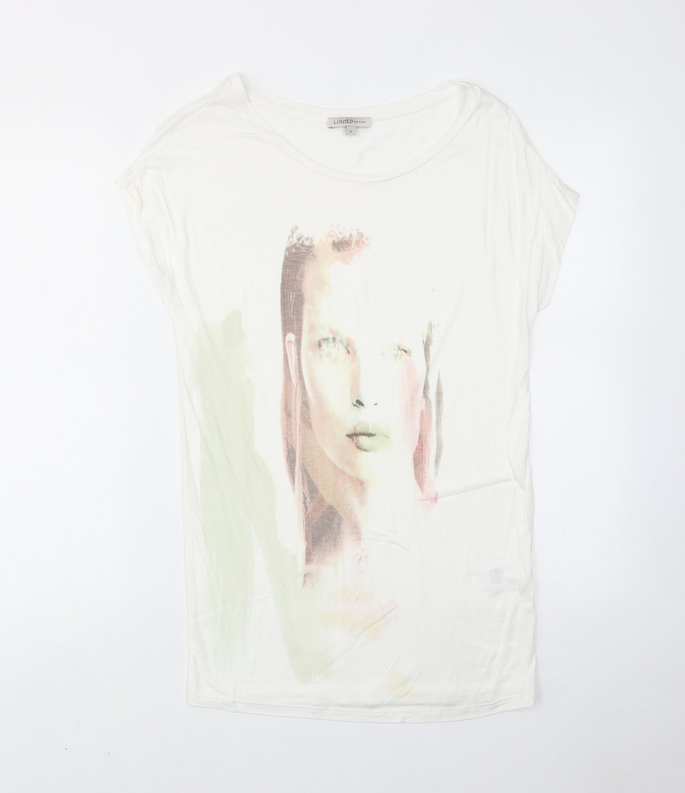 Limited Edition Womens White Viscose Basic T-Shirt Size 8 Round Neck
