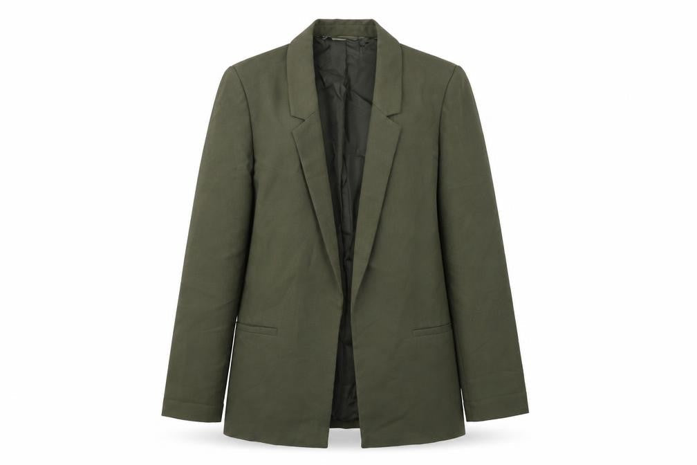 Front view of ASOS women’s green polyester jacket suit jacket, size UK 8, - open style