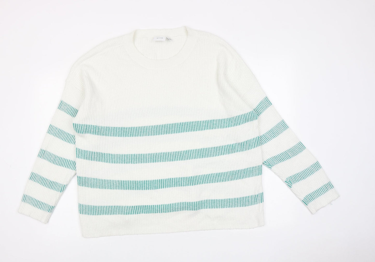 VILA Womens White Round Neck Striped Acrylic Pullover Jumper Size XL