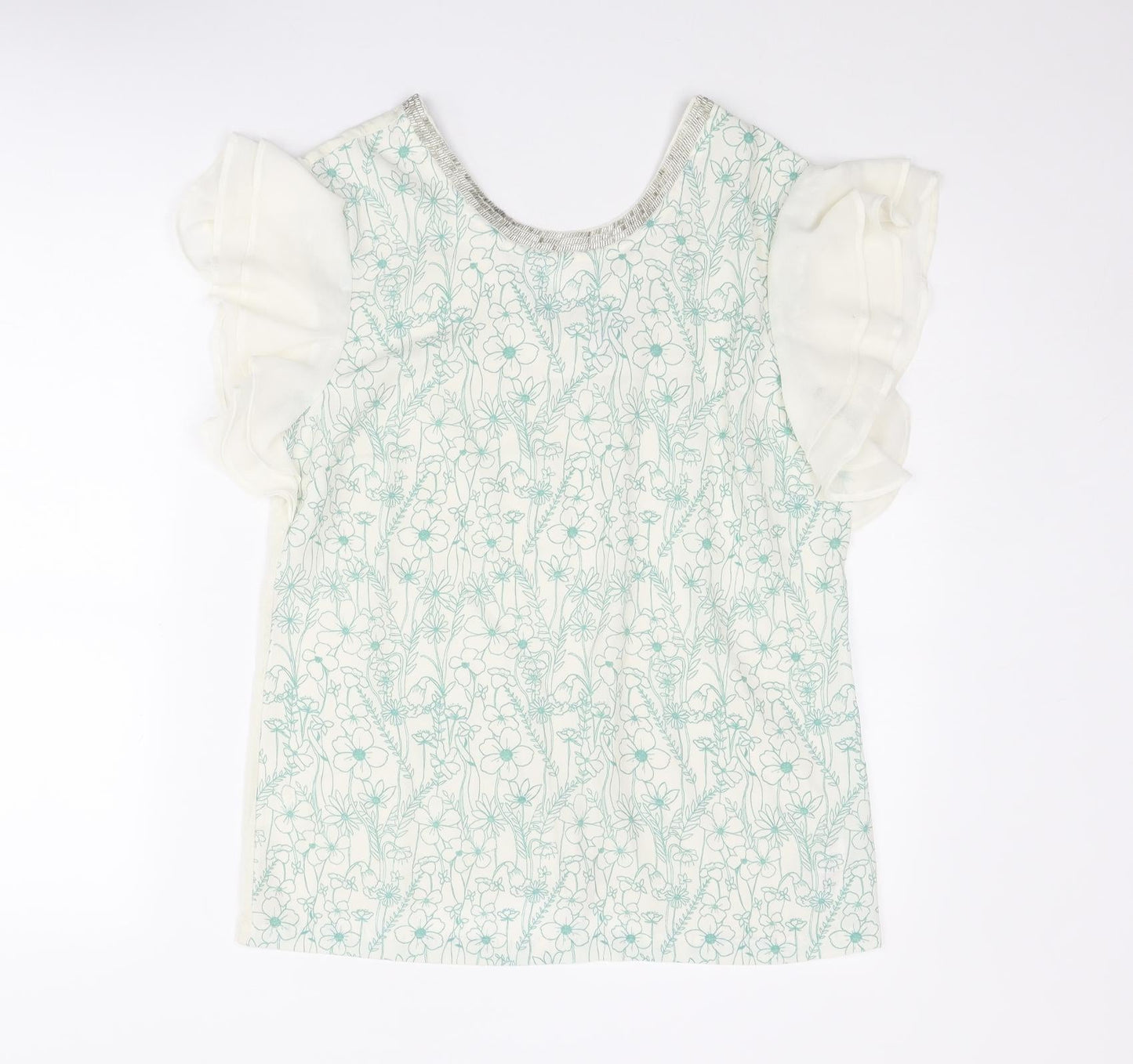 NEXT Womens White Floral Polyester Basic T-Shirt Size 12 Round Neck