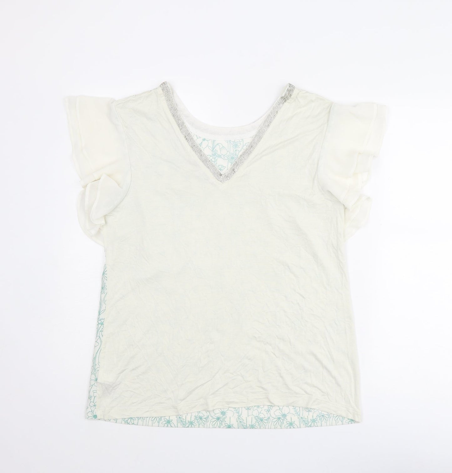 NEXT Womens White Floral Polyester Basic T-Shirt Size 12 Round Neck