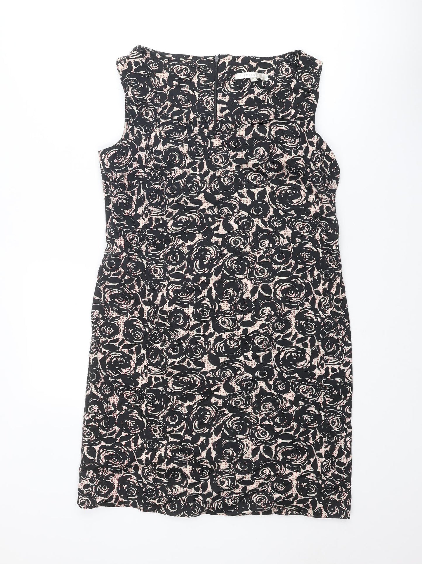 Epilogue Womens Black Floral Polyester Shift Size 14 V-Neck Zip