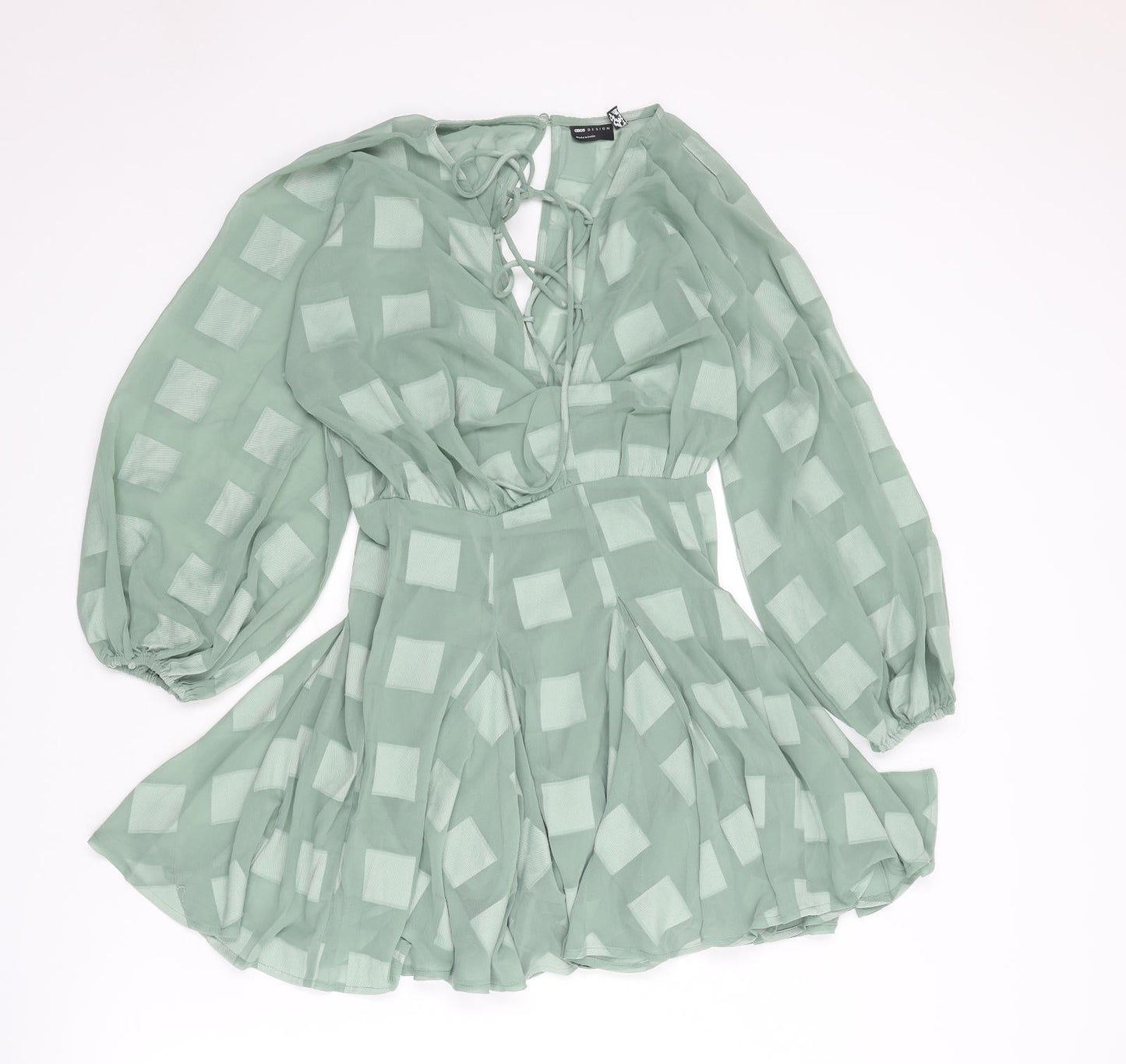 ASOS Womens Green Check Polyester Fit & Flare Size 4 V-Neck Zip