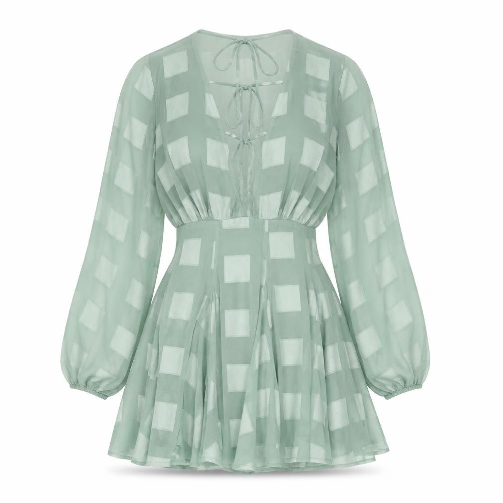 Front view of ASOS women’s green check polyester fit & flare, size UK 4, v-neck zip