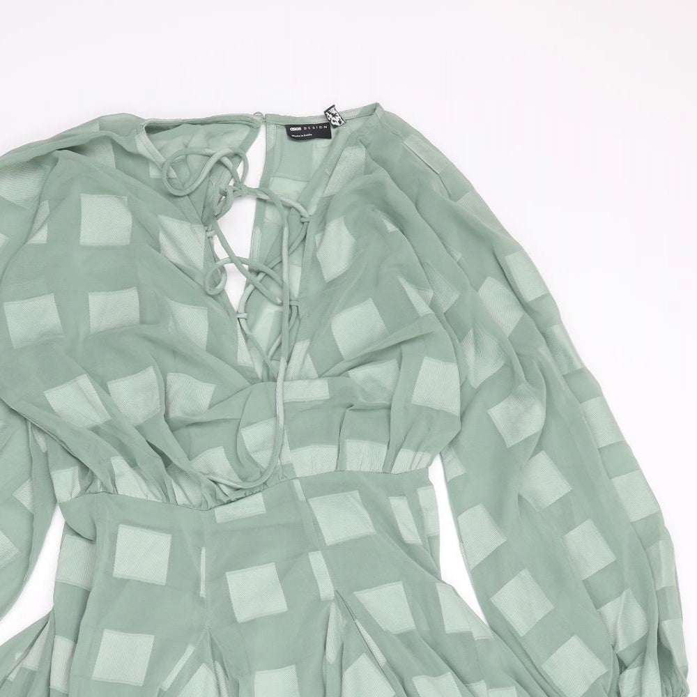 ASOS Womens Green Check Polyester Fit & Flare Size 4 V-Neck Zip