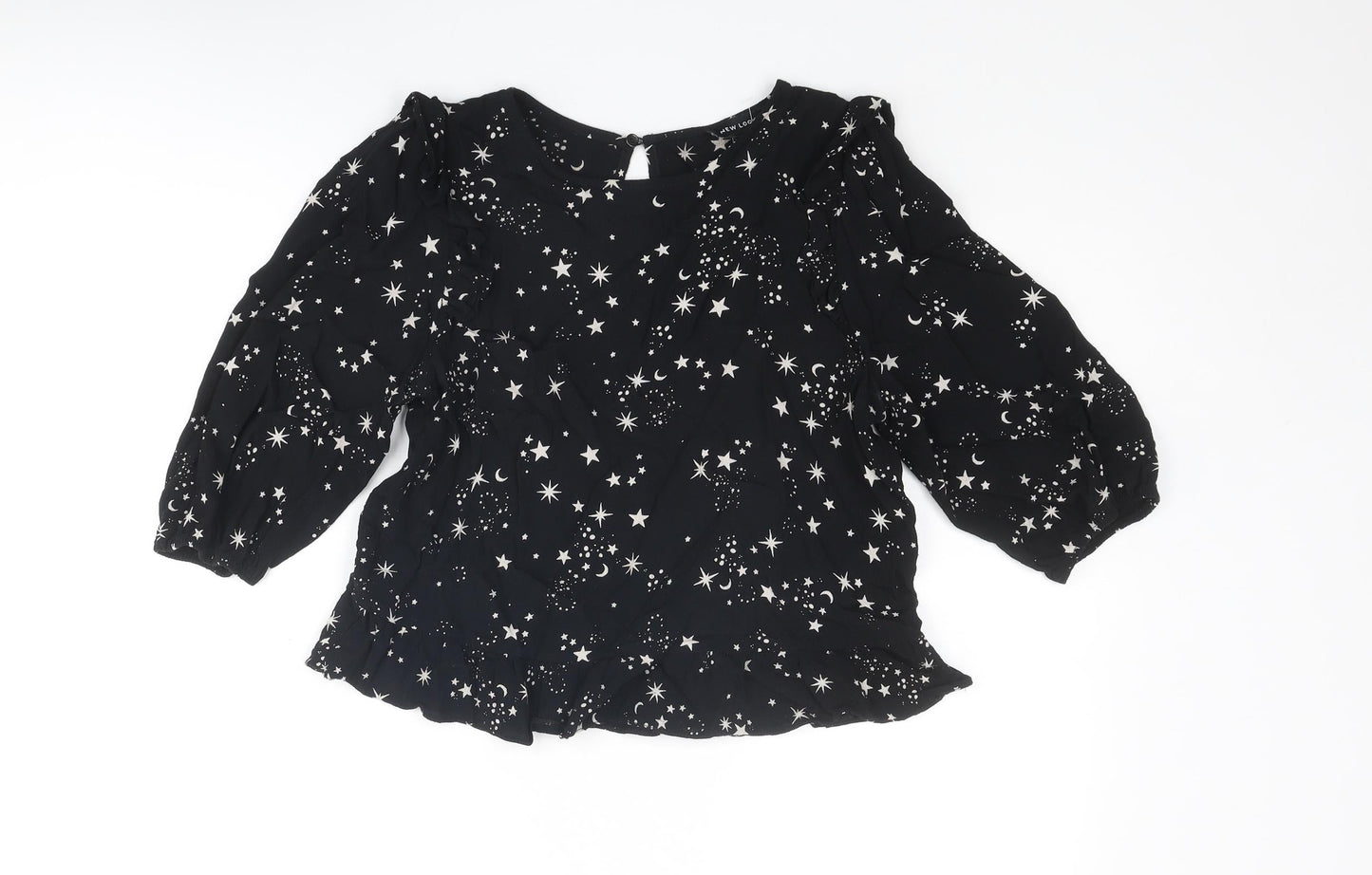 New Look Womens Black Geometric Viscose Basic Blouse Size 10 Round Neck - Star Pattern