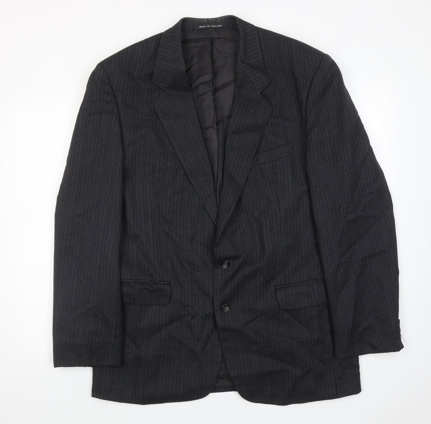 The label Mens Grey Striped Wool Jacket Suit Jacket Size 44 Regular