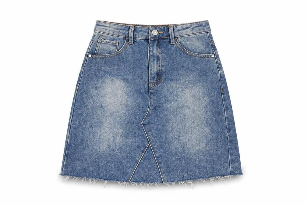 Front view of Denim & Co. women’s blue cotton a-line skirt, size UK 6, zip