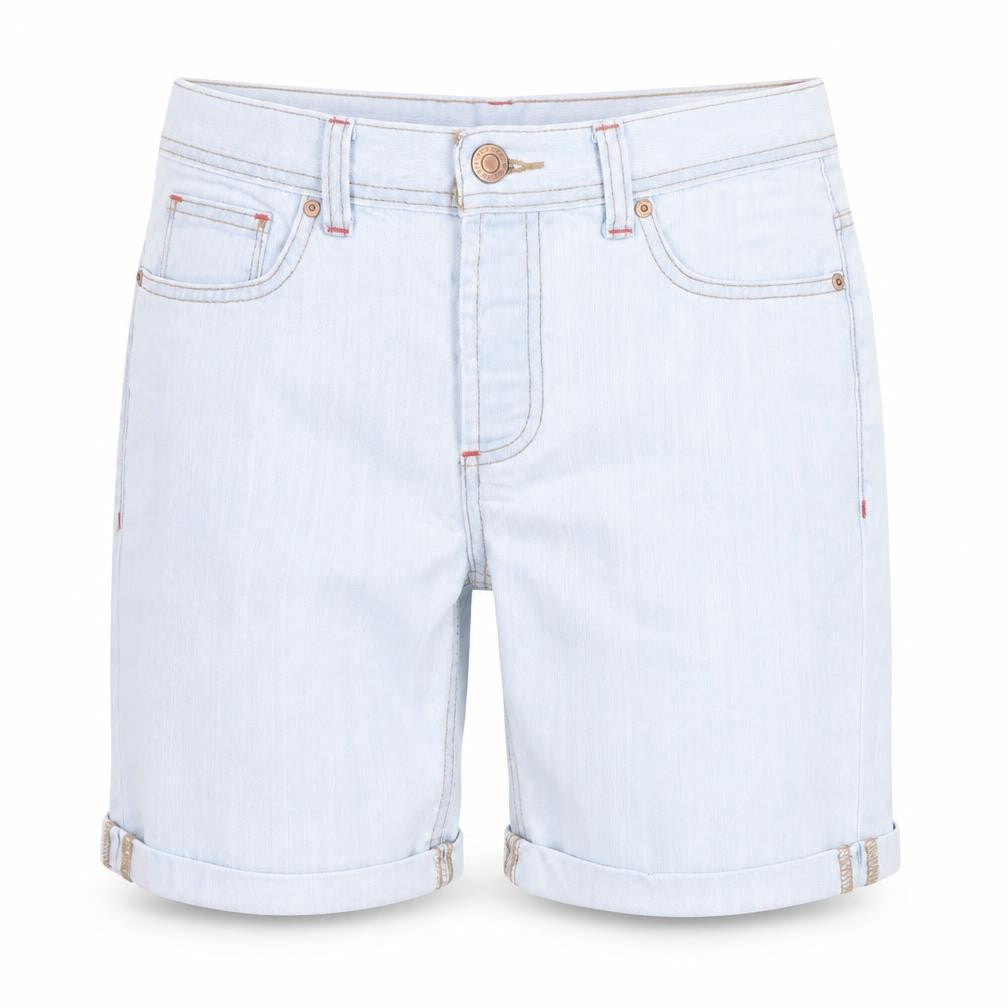 Front view of Denim & Co. women’s blue cotton boyfriend shorts, size UK 30, in regular zip