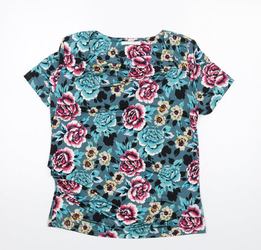 Anna Rose Womens Blue Floral Polyester Basic T-Shirt Size M Round Neck