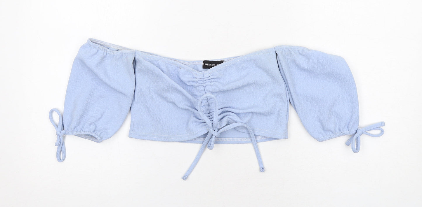 PRETTYLITTLETHING Womens Blue Polyester Cropped Blouse Size 10 Off the Shoulder