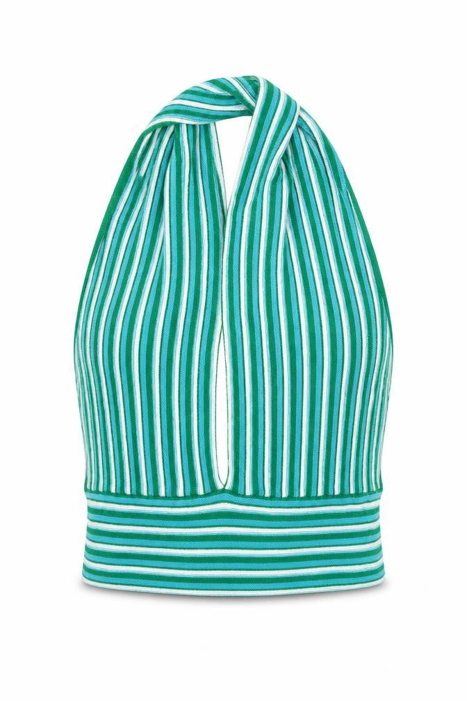 PRETTYLITTLETHING Womens Green Striped Acrylic Cropped Tank Size M Halter