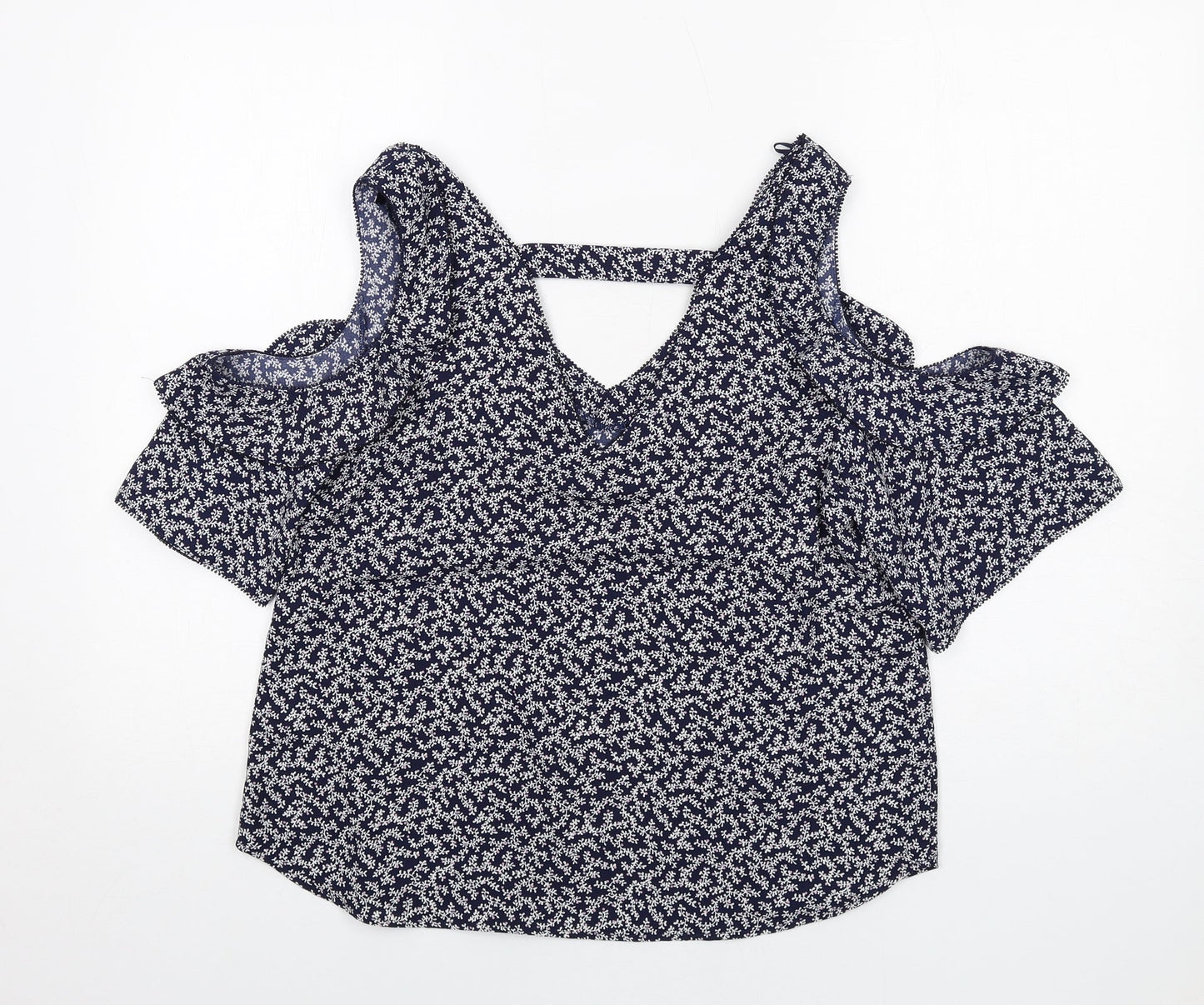 NEXT Womens Blue Geometric Polyester Basic Blouse Size 12 V-Neck - Cold Shoulder