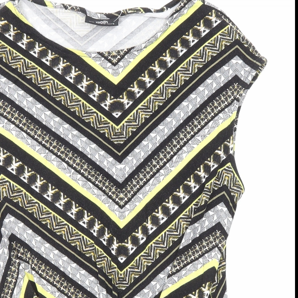 Wallis Womens Black Geometric Viscose Basic T-Shirt Size M Round Neck - Knot Front