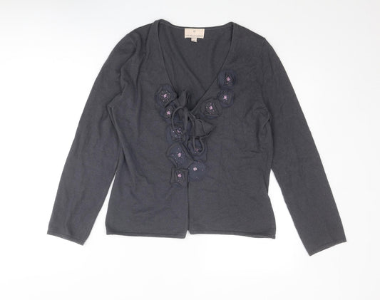 Fenn Wright Manson Womens Grey V-Neck Cotton Cardigan Jumper Size 12 - Flower Detail