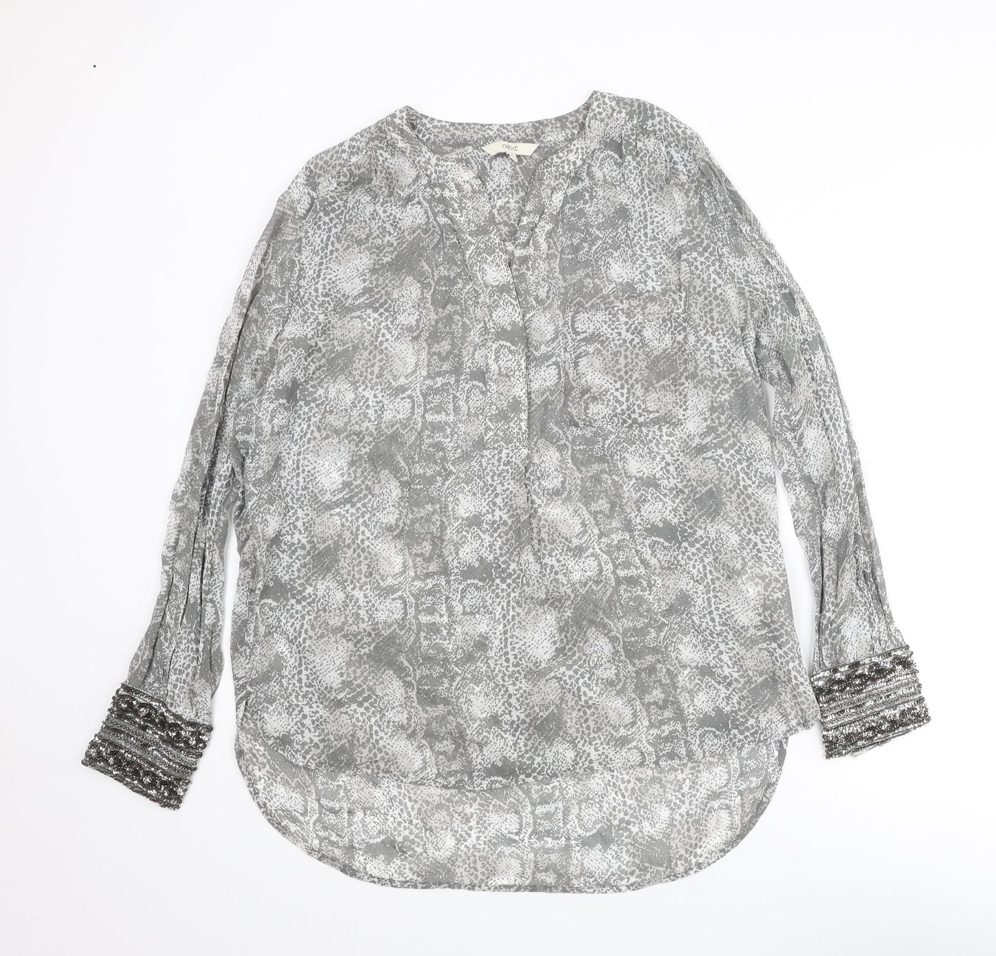 NEXT Womens Grey Animal Print Viscose Basic Blouse Size 10 V-Neck - Snakeskin Pattern