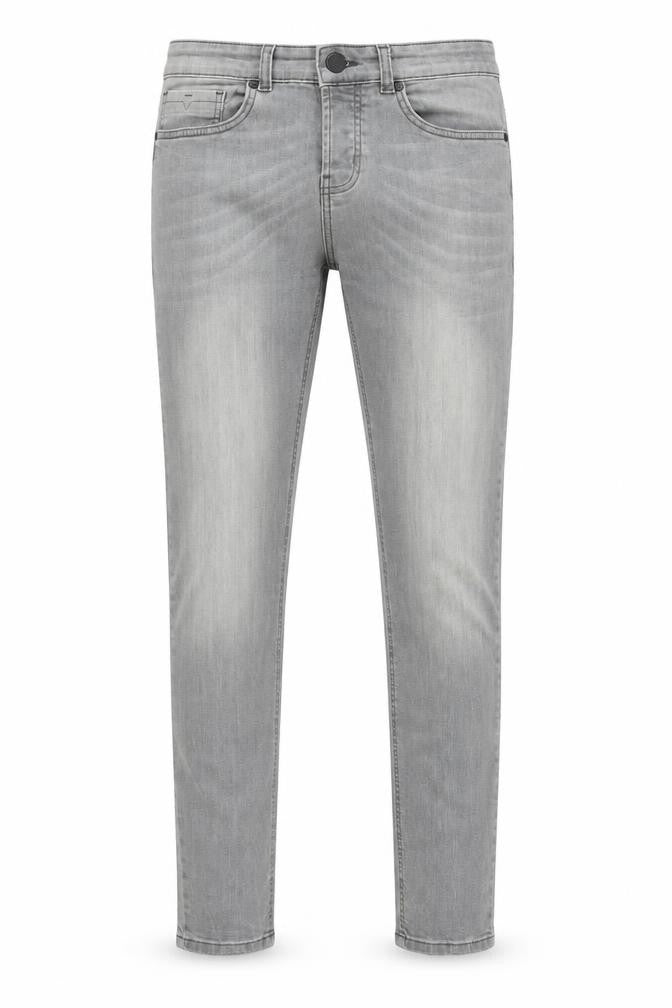 Front view of Denim & Co. men’s grey cotton straight jeans, size 30, in, 32-inch leg slim button