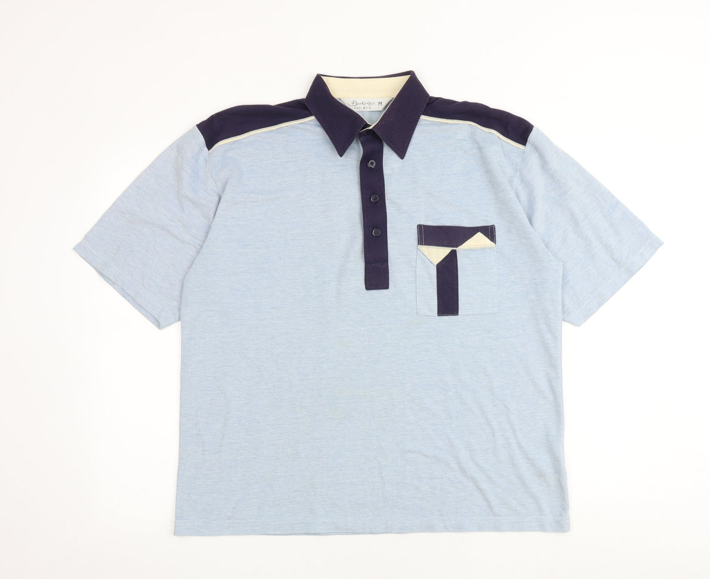 Berkertex Mens Blue Colourblock Polyester Polo Size M Collared Button