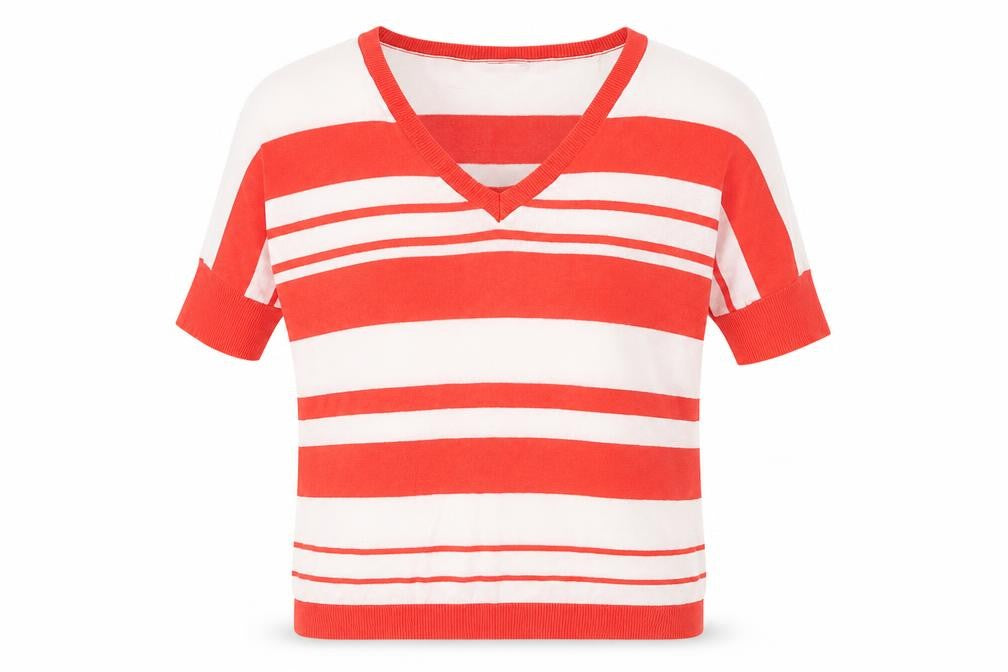 Gap Womens Red V-Neck Striped Cotton Pullover Jumper Size XS