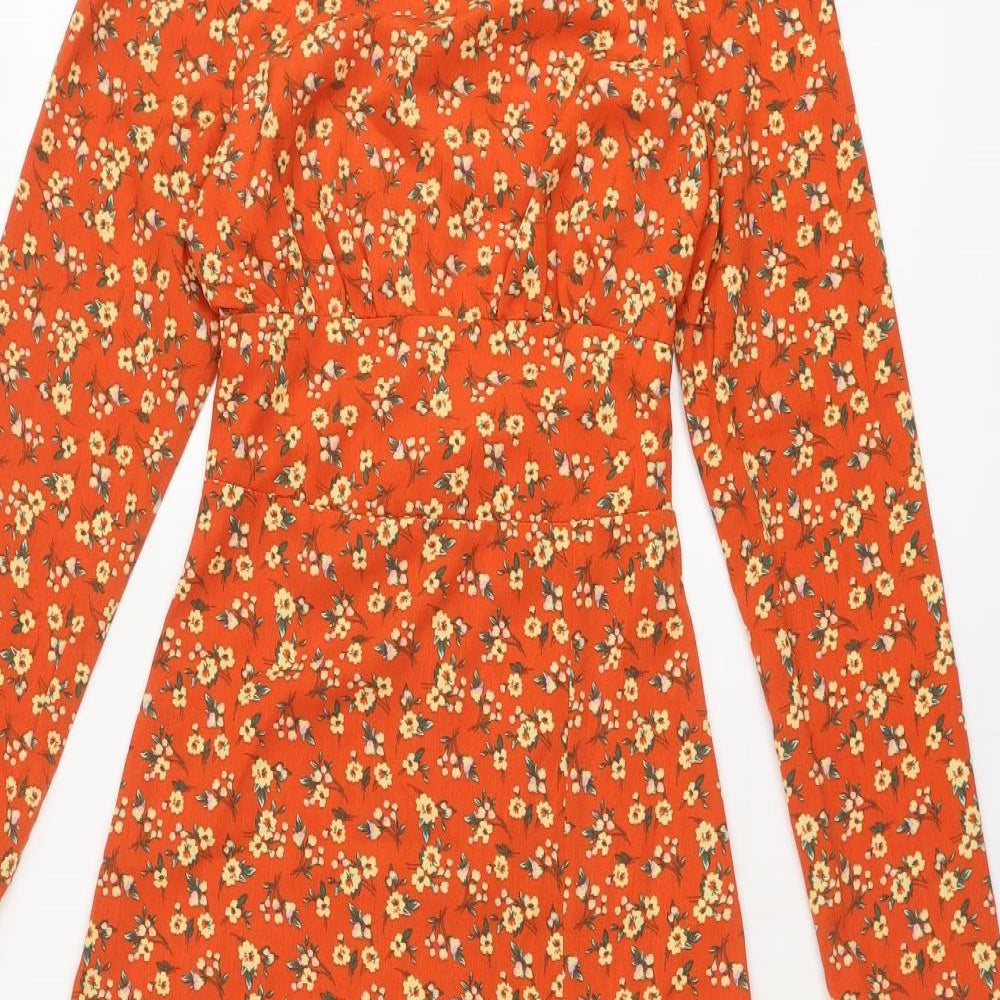 Fashion Union Womens Orange Floral Polyester A-Line Size 4 Round Neck Zip