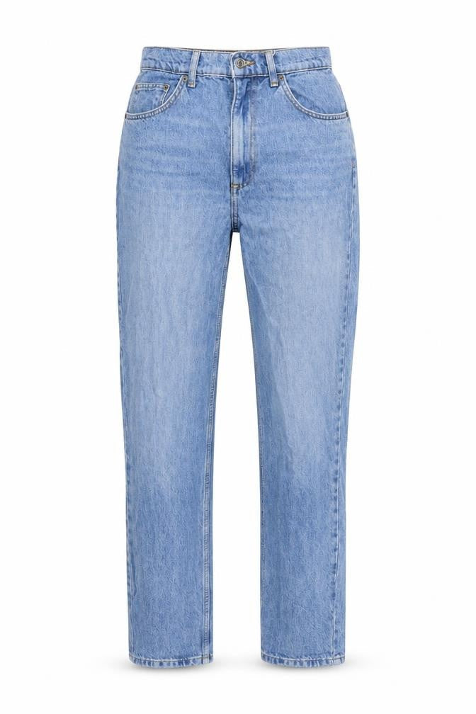 Front view of ASOS women’s blue cotton straight jeans, size UK 28, in regular zip