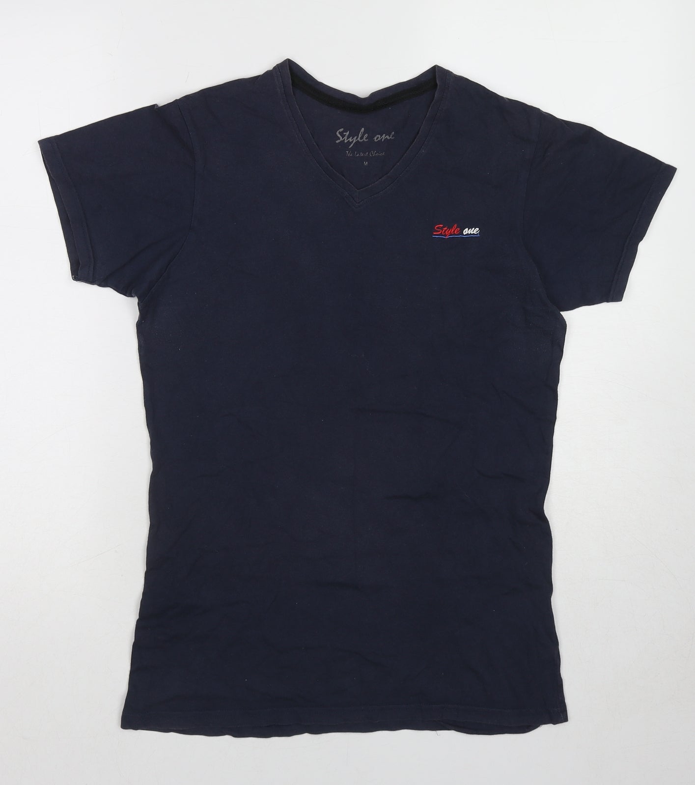 Style One Womens Blue Cotton Basic T-Shirt Size M V-Neck