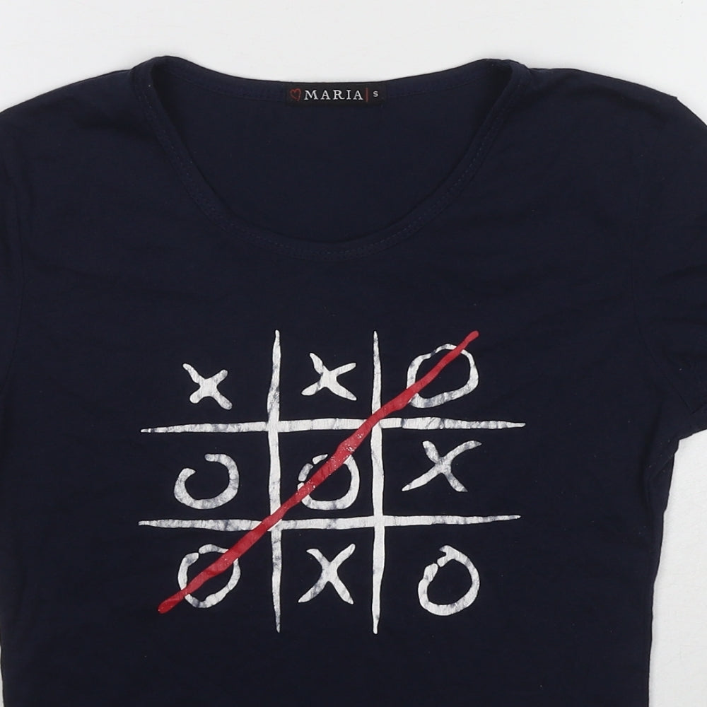 Maria Womens Blue Cotton Basic T-Shirt Size S Round Neck - Tic-Tac-Toe