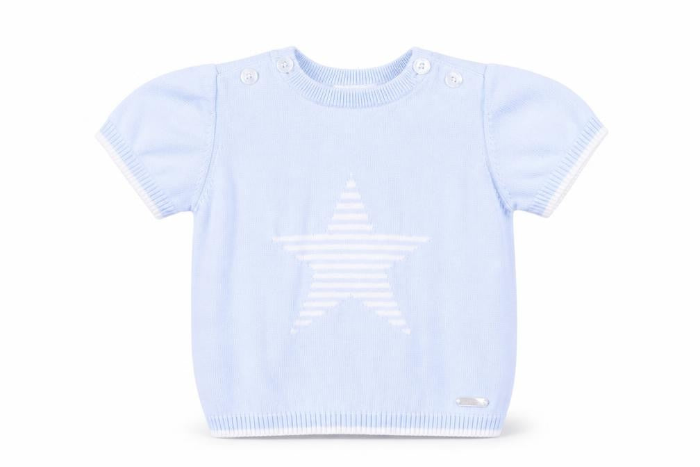 Front view of Mintini boys’ blue cotton basic t-shirt, size 12-18, months round neck button - star print