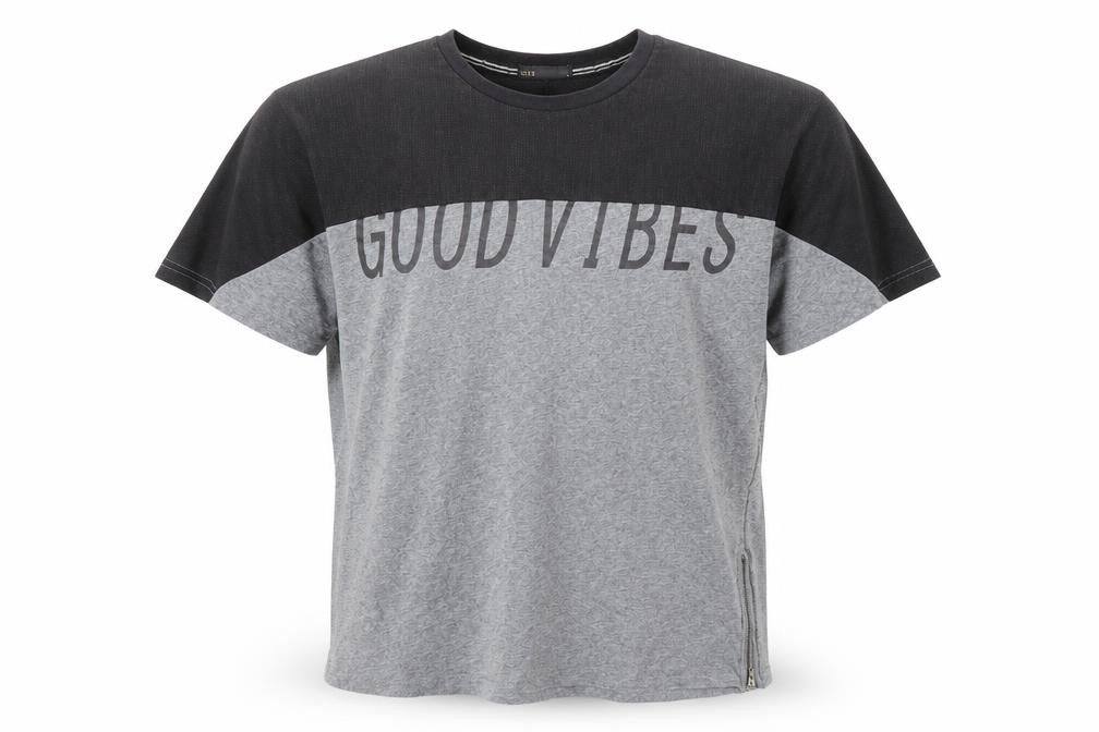 Seed Mens Grey Colourblock Cotton T-Shirt Size L Crew Neck Zip - Good vibes