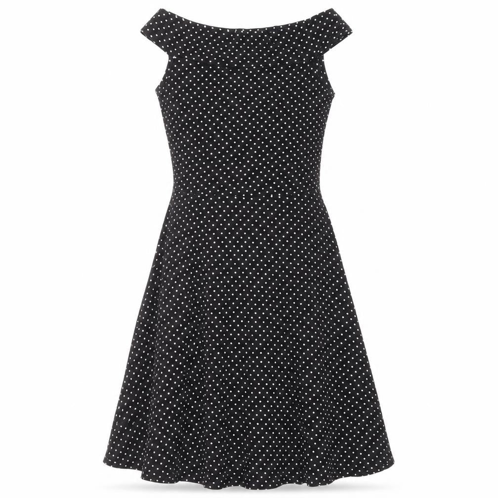 Front view of Miss Selfridge women’s black polka dot viscose fit & flare, size UK 8, boat neck pullover