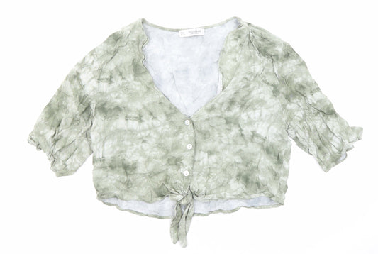 Pull&Bear Womens Green Geometric Viscose Cropped Button-Up Size S V-Neck