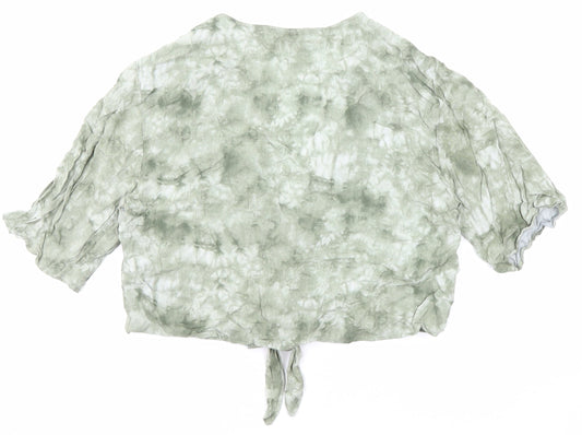 Pull&Bear Womens Green Geometric Viscose Cropped Button-Up Size S V-Neck