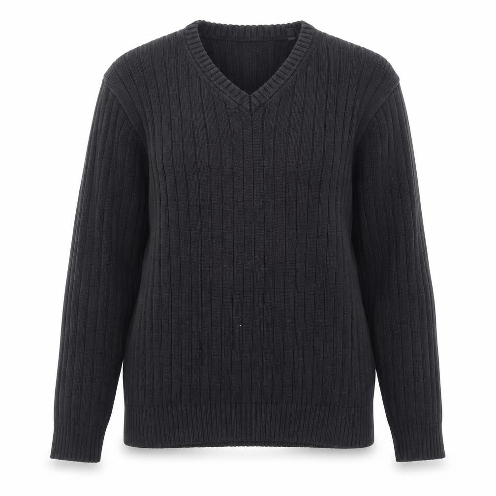 Front view of C&A women’s black v-neck acrylic jumper, size M