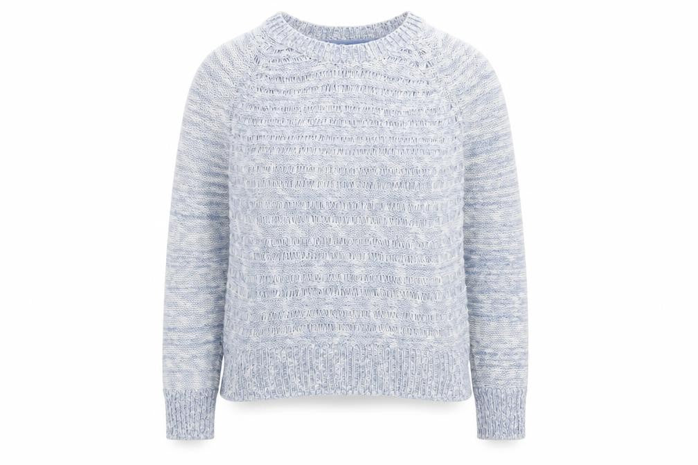 Front view of Red Herring women’s blue round neck acrylic jumper, size UK 12