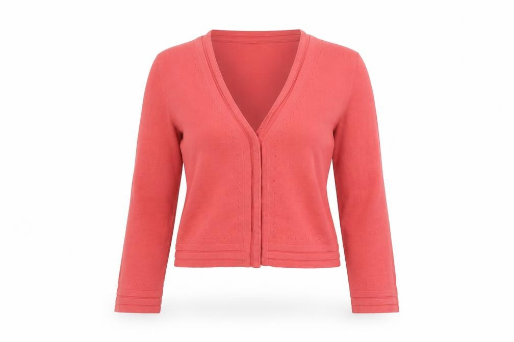 Front view of French Connection women’s pink v-neck 100% cotton cardigan jumper, size XS