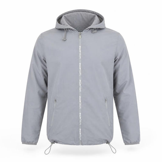 Front view of boohooMAN men’s grey jacket, size XS, zip