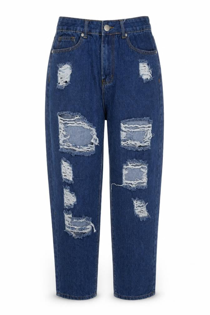 Front view of I SAW IT FIRST women’s blue cotton mom jeans, size UK 8, 27-inch leg regular button