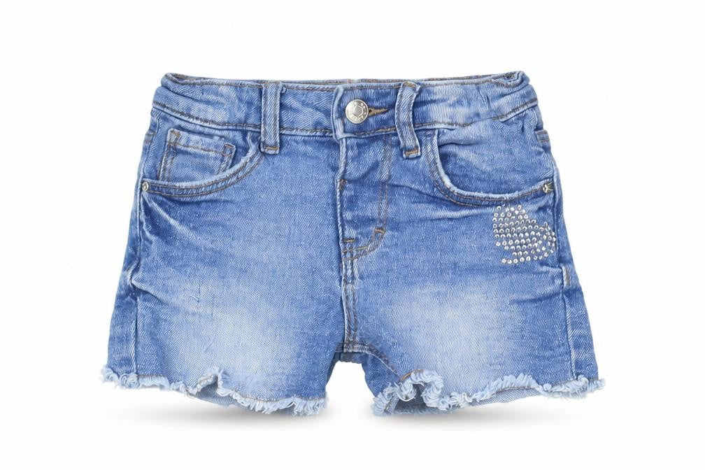 Front view of Denim & Co. girls’ blue cotton cut-off shorts, size 3-4, years regular