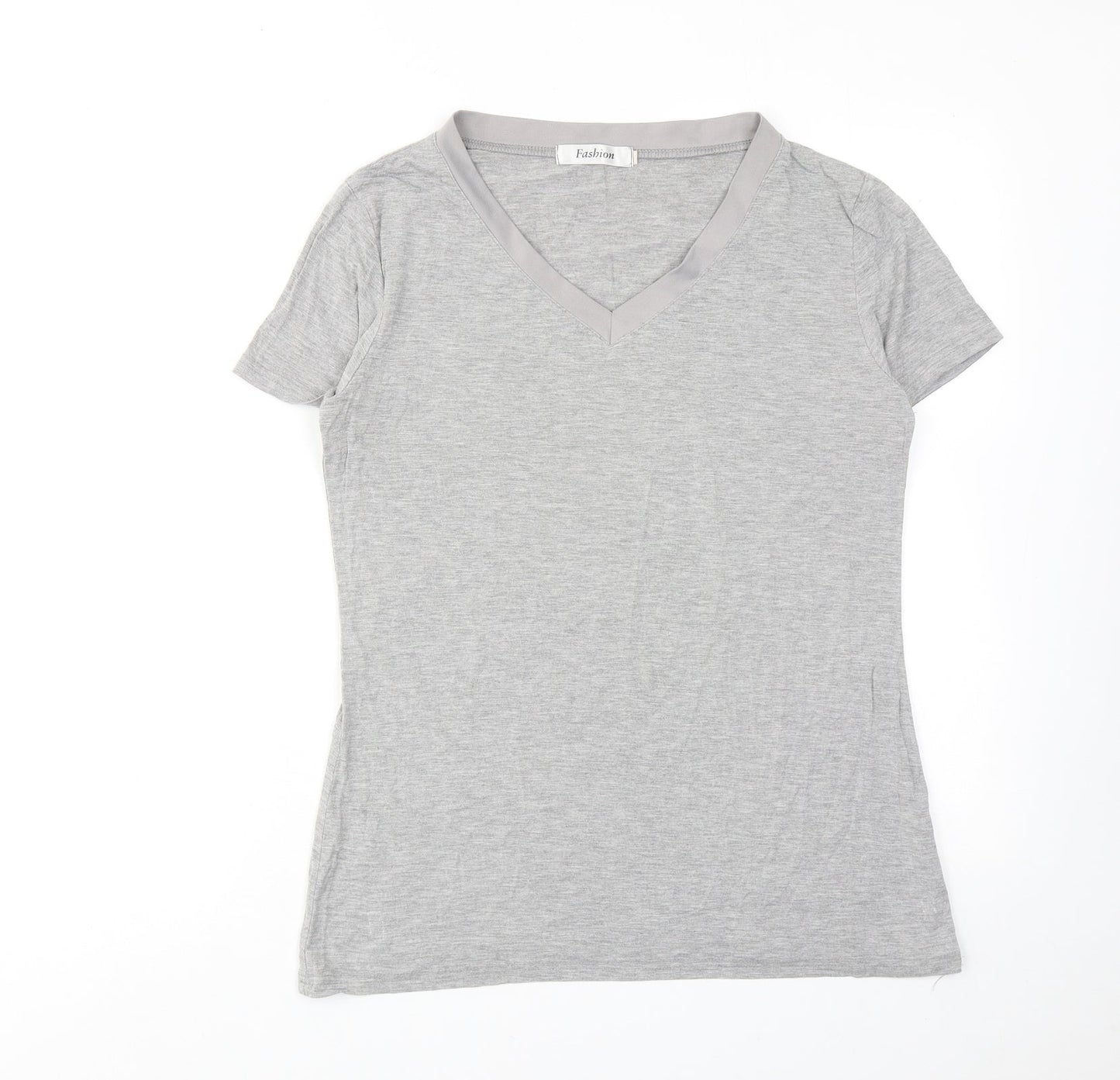 Fashion Womens Grey Viscose Basic T-Shirt Size S V-Neck