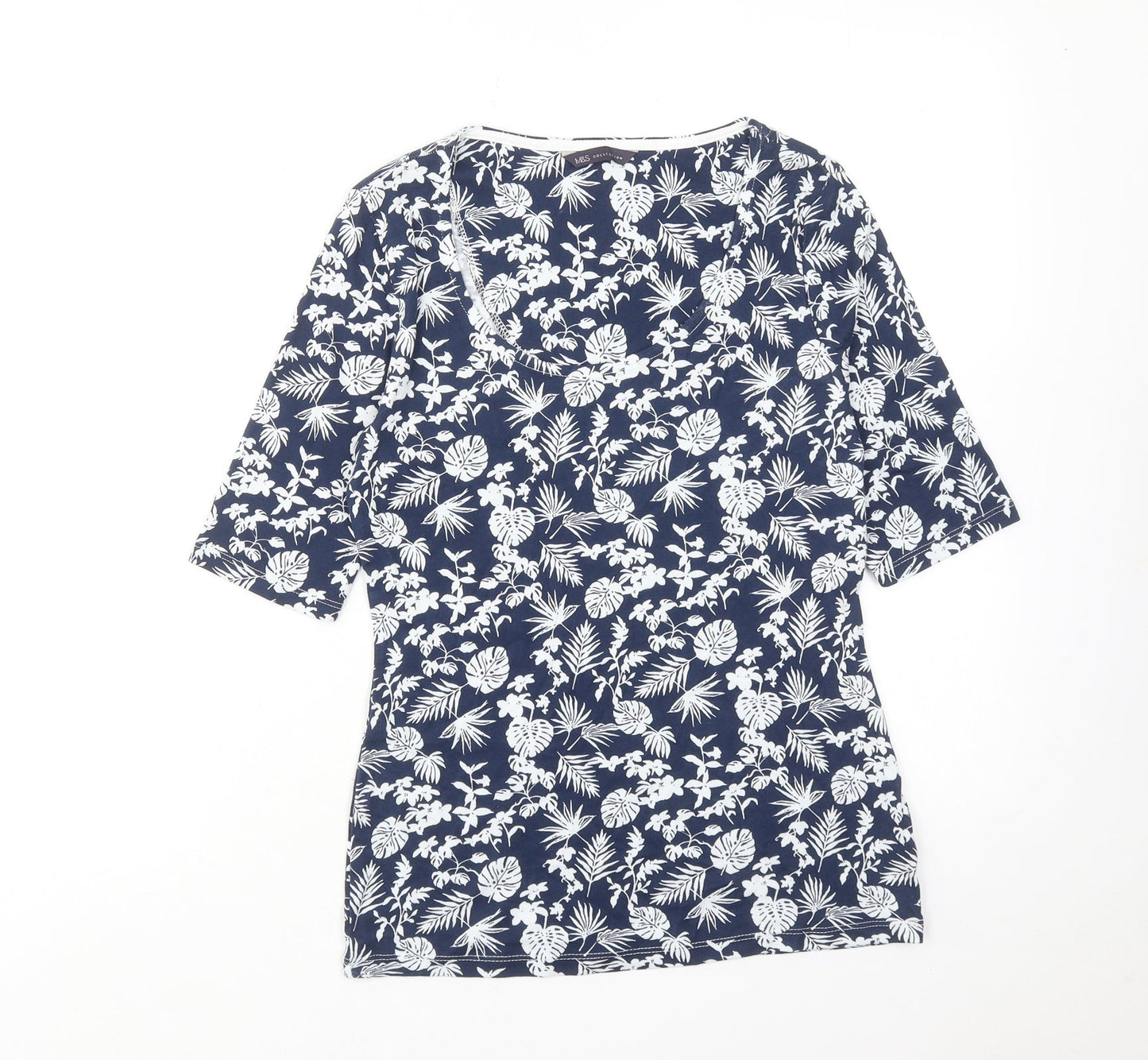 Marks and Spencer Womens Blue Geometric Cotton Basic Blouse Size 8 Scoop Neck