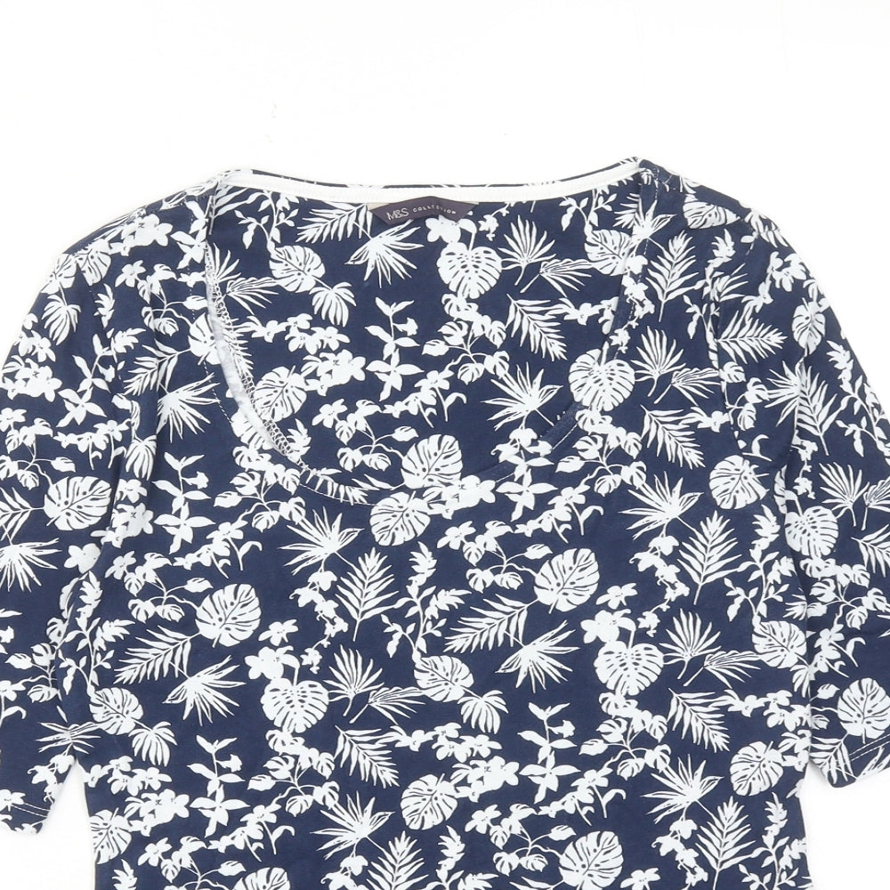 Marks and Spencer Womens Blue Geometric Cotton Basic Blouse Size 8 Scoop Neck
