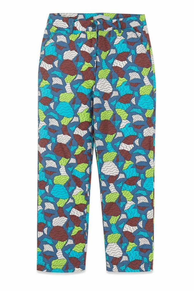 Front view of ASOS women’s multicoloured geometric cotton straight jeans, size UK 12, regular zip