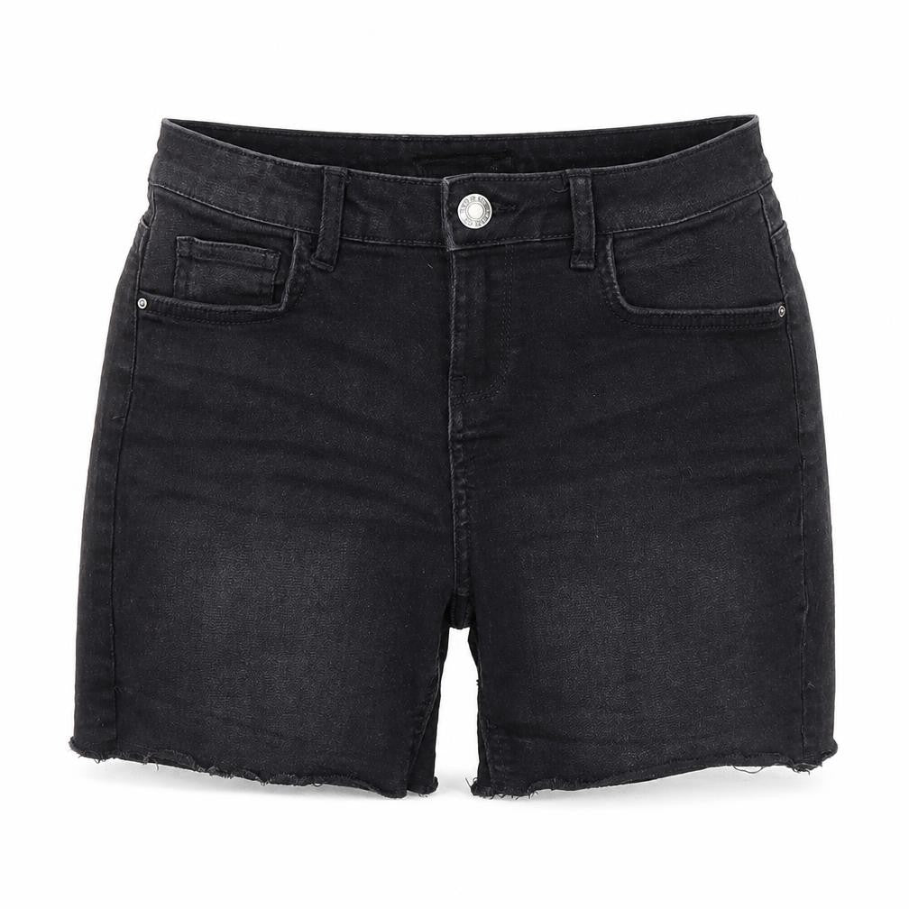 Front view of Denim & Co. women’s black cotton cut-off shorts, size UK 8, regular zip