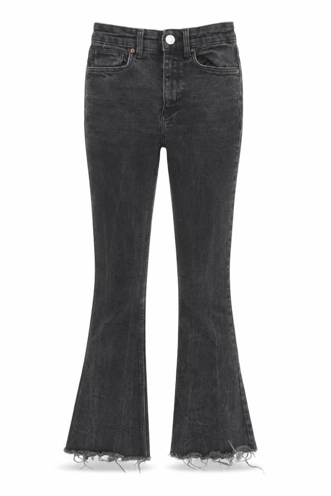 Front view of Denim & Co. women’s black cotton tapered jeans, size UK 4, regular zip - waist 21-inch