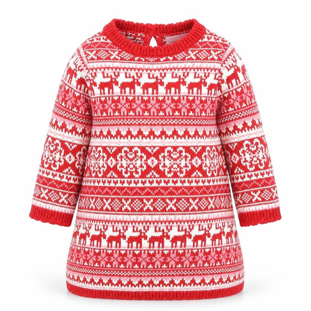 Front view of Next girls’ red fair isle cotton jumper dress, size 3-6, months crew neck button