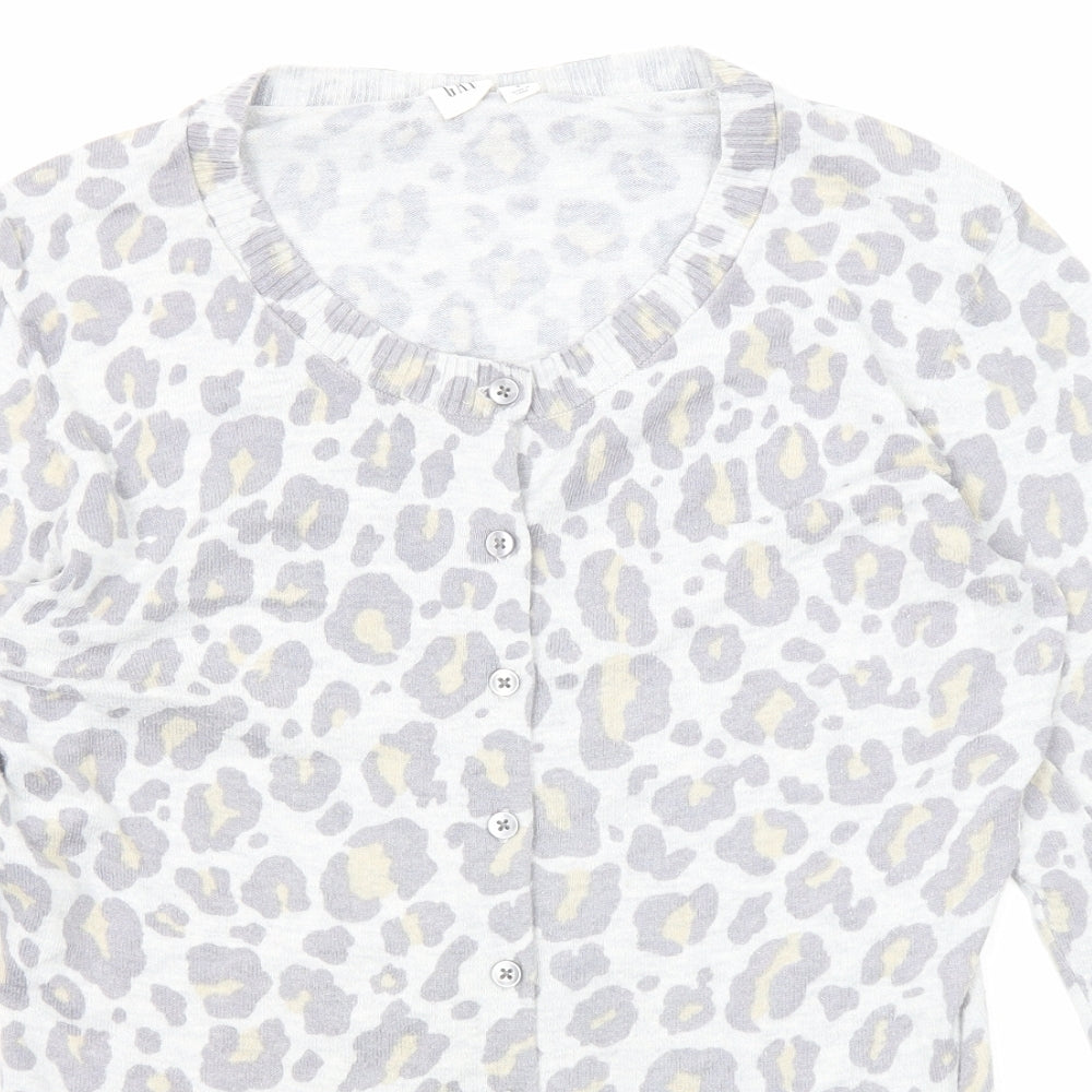 Gap Womens Grey Round Neck Animal Print Cotton Cardigan Jumper Size M - Leopard Print