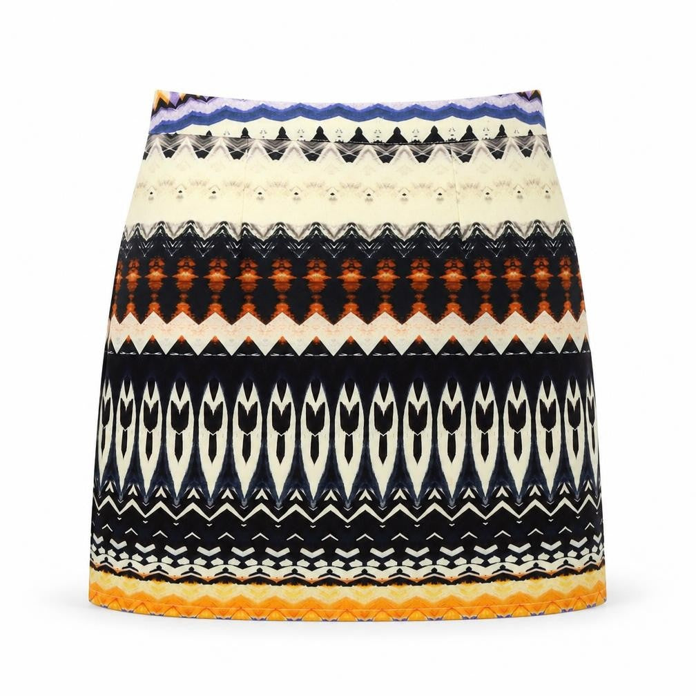 Front view of Missguided women’s multicoloured geometric polyester a-line skirt, size UK 8, zip